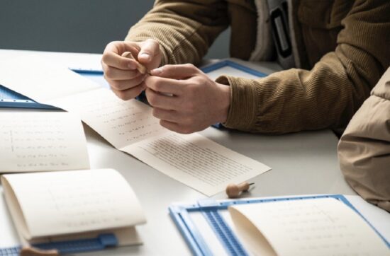 Le mani di uno studente stringono un punteruolo. Sono appoggiate su un foglio con caratteri in Braille. Lo studente indossa una giacca di velluto marrone a costine